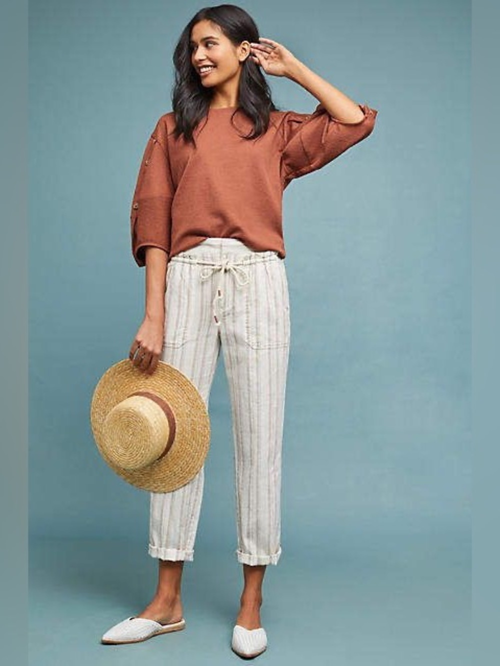 Anthropologie Seashore Striped Linen Cotton Drawstring Pants Size 8